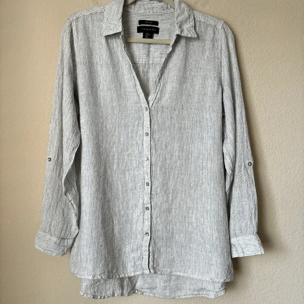 Tahari Linen Lagenlook Striped Button Down Longline Tunic Top